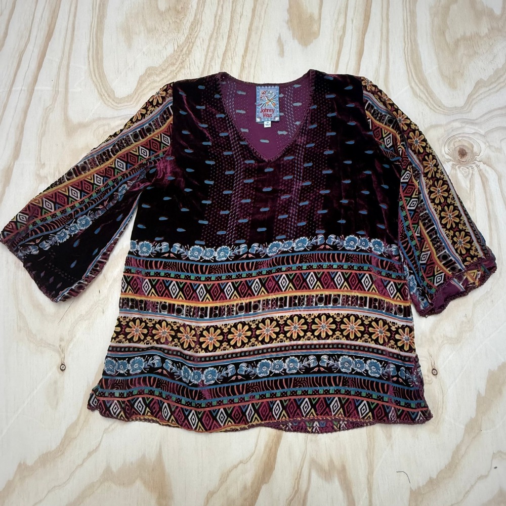 Johnny Was Burgundy Velvet Burnout Silk Blend Tunic Top Oversized  Boho Tribal